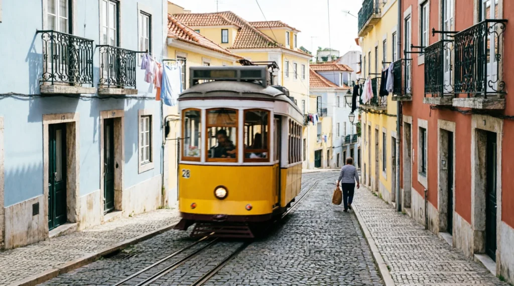 Historic yellow tram climbing the hills of the Alfama district in Lisbon.