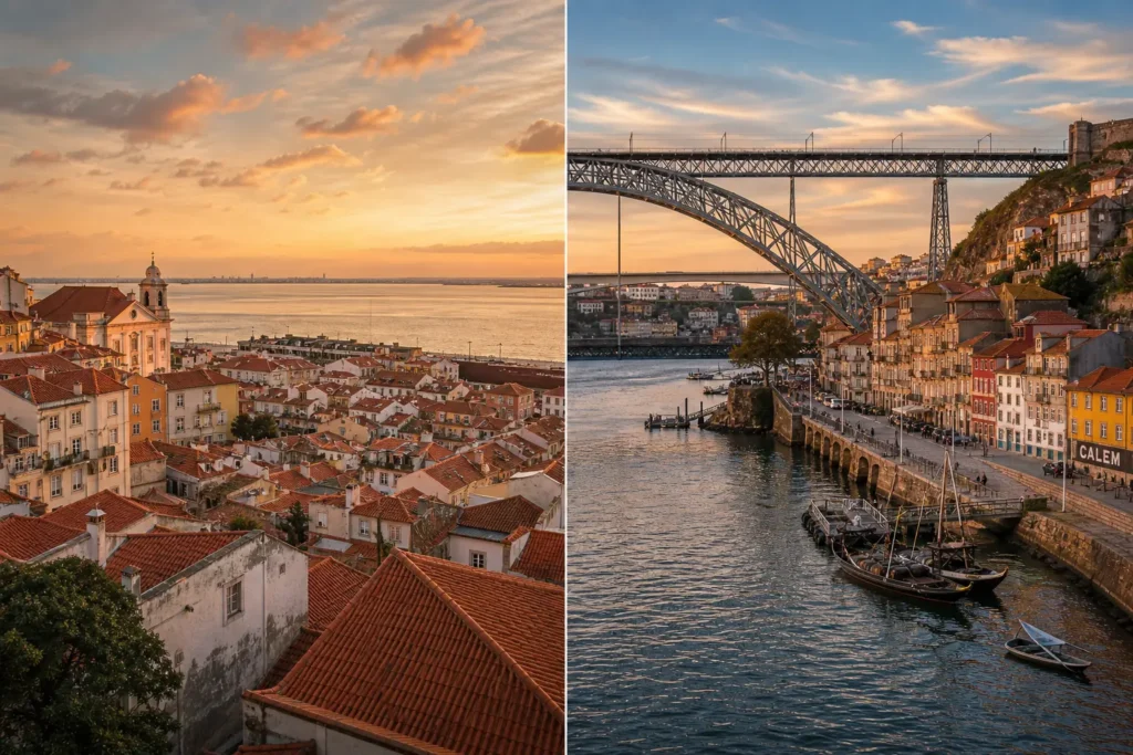 Split view comparing Lisbon's hillside Alfama district with Porto's Douro riverside and Dom Luís I Bridge