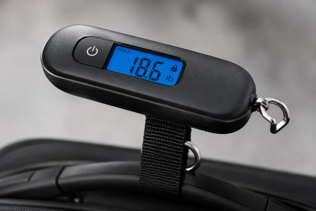 close-up of digital luggage scale display showing bag weight