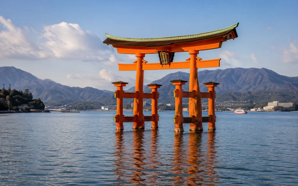 Miyajima Itsukushima Shrine torii gate at high tide