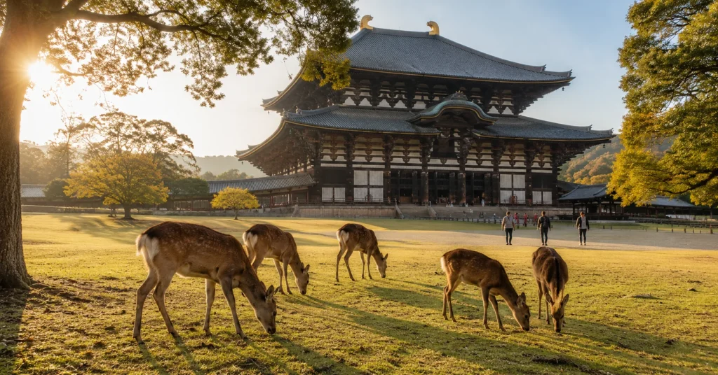 Nara Park at 8:15am with deer grazing and Todai-ji temple in morning light before crowds arrive