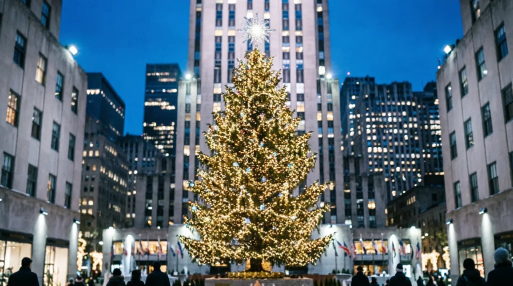 Rockefeller Center Christmas tree at night in December NYC
