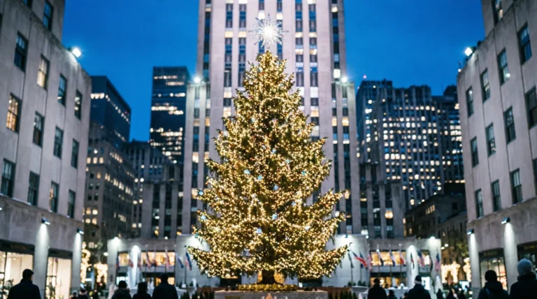 Rockefeller Center Christmas tree at night in December NYC