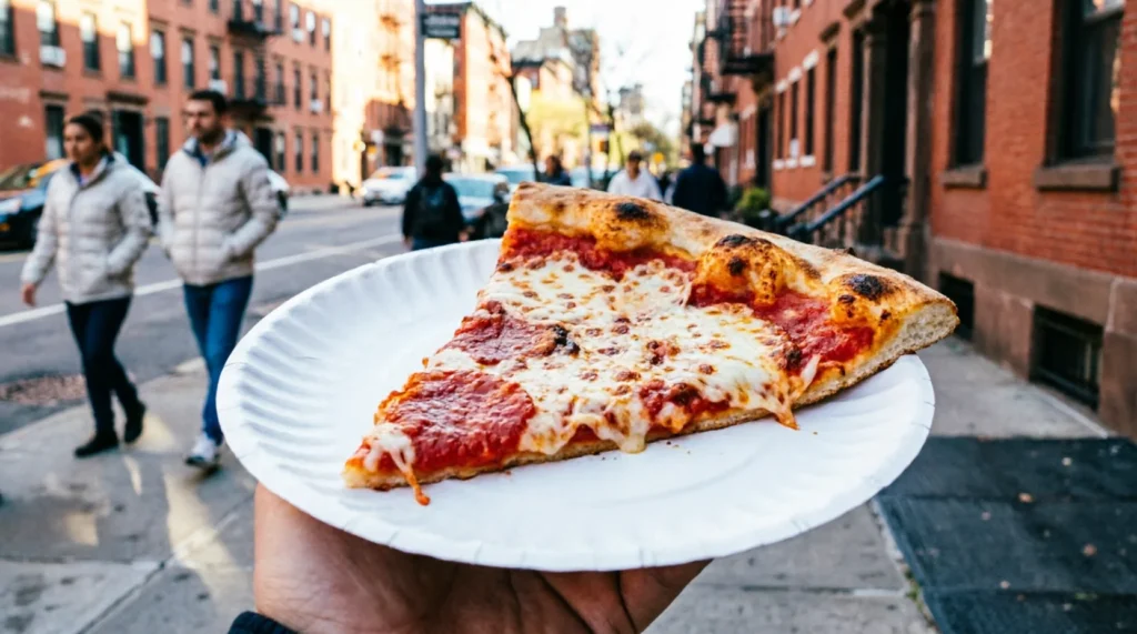 Person holding a classic NYC pizza slice on a Manhattan street