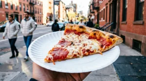 Person holding a classic NYC pizza slice on a Manhattan street