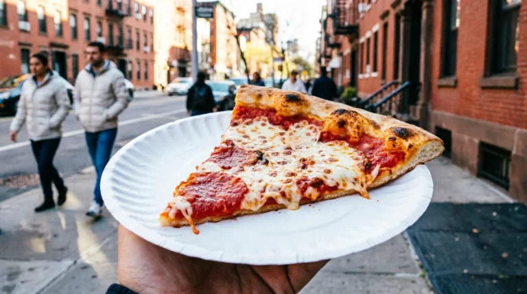 Person holding a classic NYC pizza slice on a Manhattan street