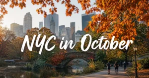 People walking through Central Park during peak October foliage in New York City