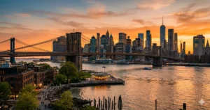 View of Manhattan Bridge and NYC skyline from Brooklyn.
