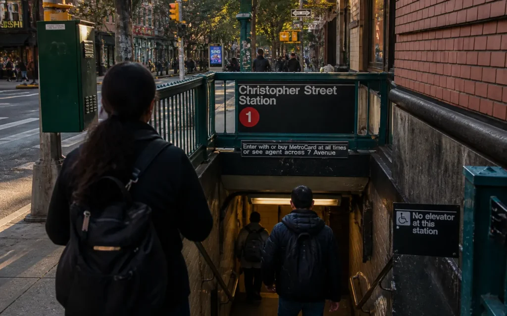 Christopher Street subway station entrance in the West Village, showing stairs and 1 train signage