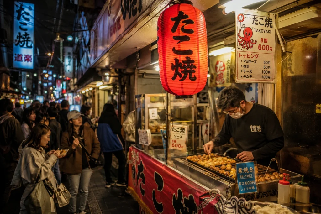 Local takoyaki stall in Osaka at night