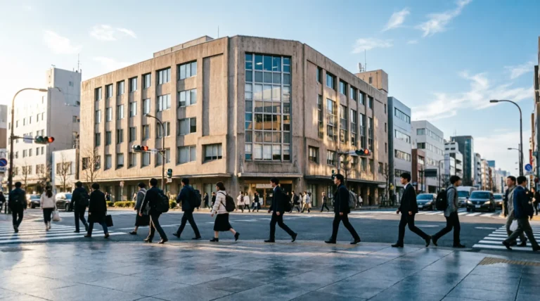 Morning commuters navigating Namba crossing in Osaka, Japan.