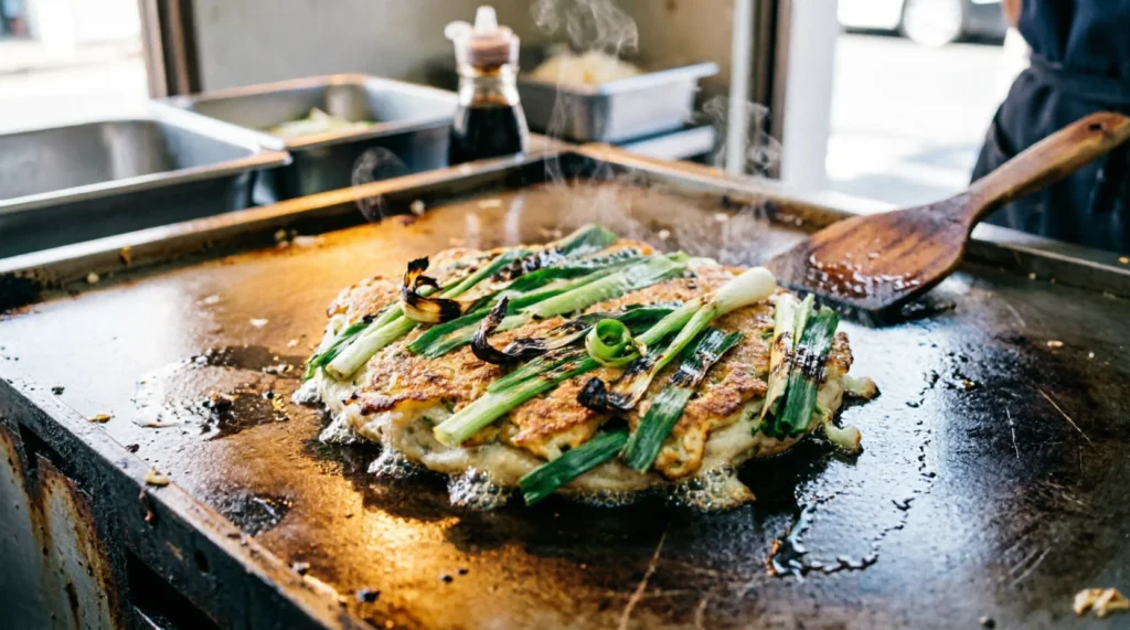 Negiyaki cooking on iron griddle at Ura-Namba food stall.