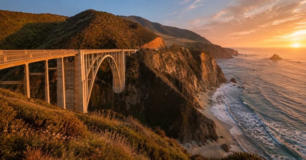 Bixby Creek Bridge on Pacific Coast Highway at sunset with coastal cliffs and ocean