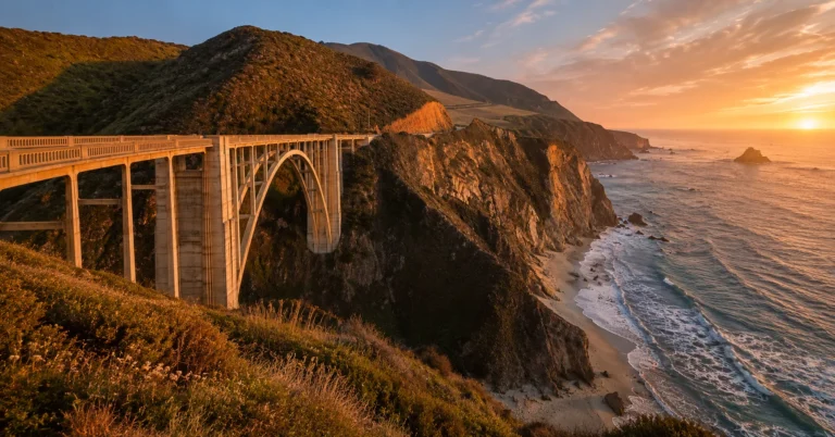 Bixby Creek Bridge on Pacific Coast Highway at sunset with coastal cliffs and ocean