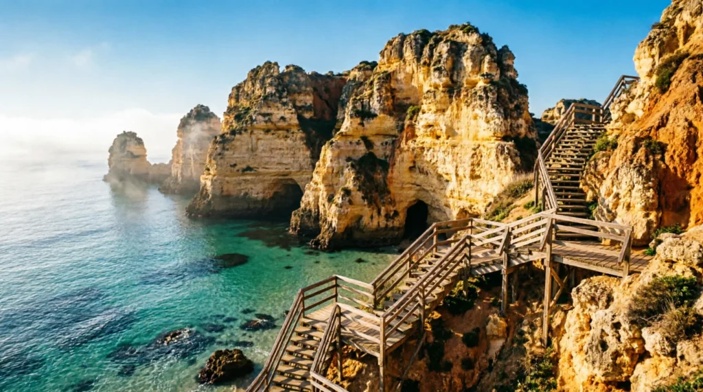 A small boat navigating the limestone grottoes of Ponta da Piedade in the Algarve.