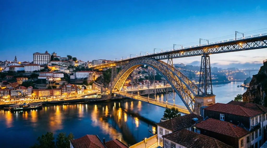 The Dom Luís I Bridge connecting Porto and Vila Nova de Gaia at sunset.