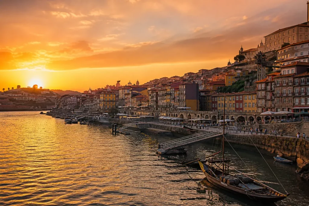 Porto Ribeira waterfront at sunset with Douro River reflections