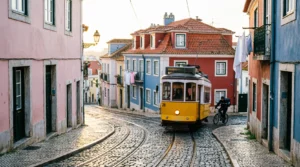 Empty cobblestone street in Alfama, Lisbon before 8am with a single delivery cyclist and morning light on pastel walls
