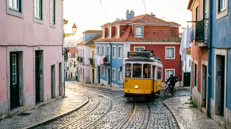 Empty cobblestone street in Alfama, Lisbon before 8am with a single delivery cyclist and morning light on pastel walls