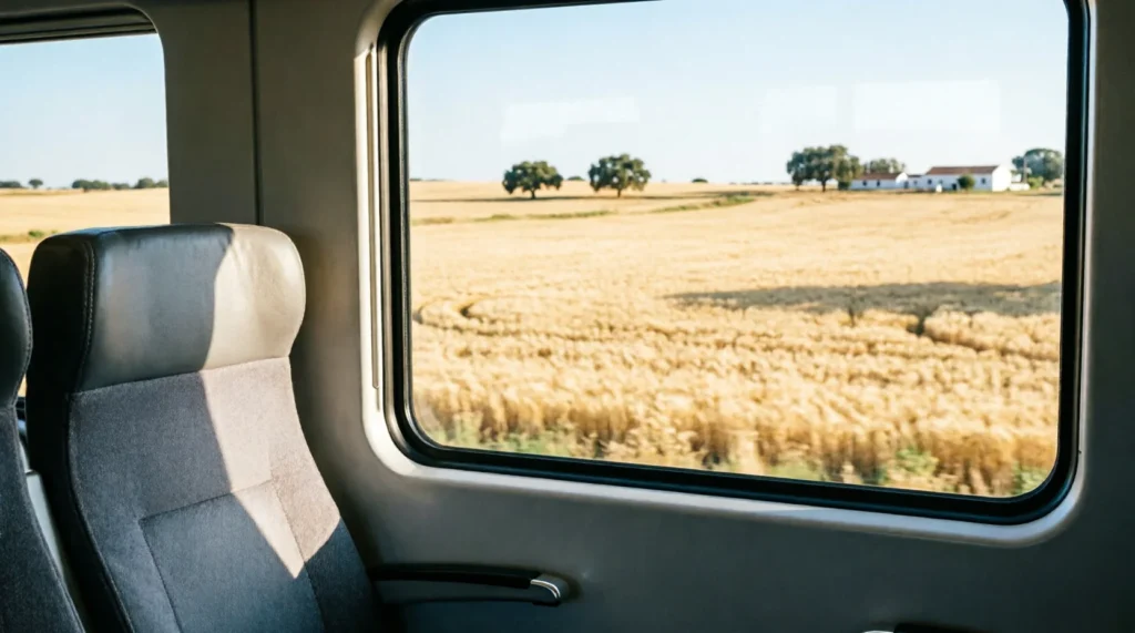 Alentejo train window view with rolling fields and clear sky on a regional Portuguese line