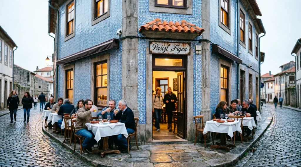 Cedofeita neighborhood dinner scene with outdoor seating and traditional tile architecture in Porto