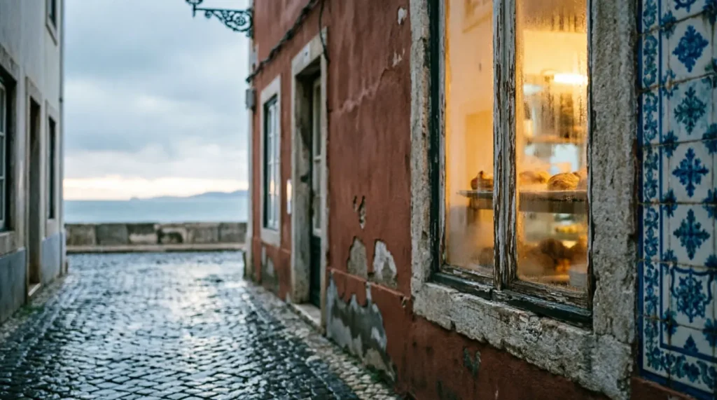 Damp Alfama cobblestone street at dawn in February with warm bakery light