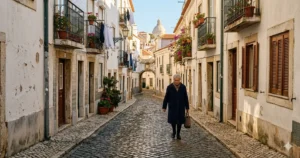 A quiet street in Lisbon's Alfama district during a sunny November afternoon.
