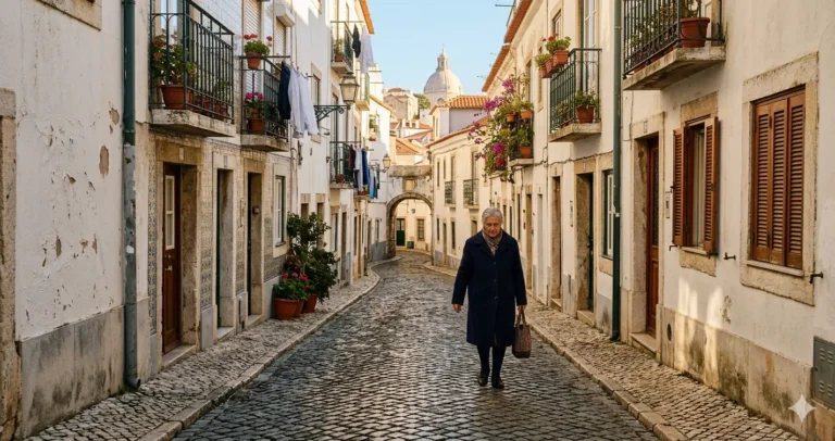 A quiet street in Lisbon's Alfama district during a sunny November afternoon.
