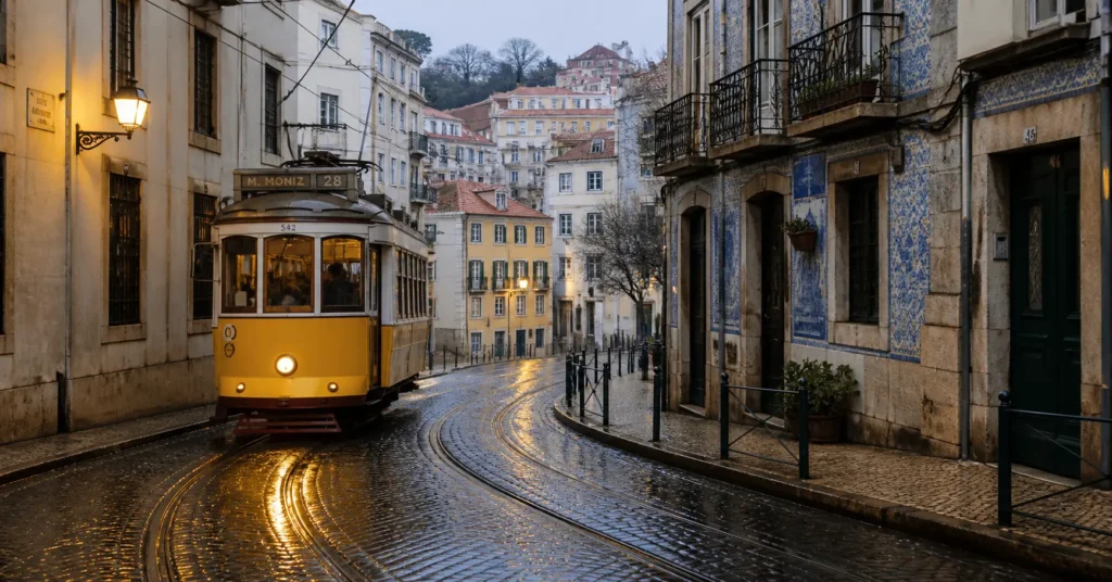 Lisbon tram in Alfama on a quiet January morning with wet streets