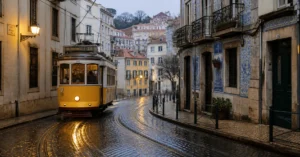 Lisbon tram in Alfama on a quiet January morning with wet streets
