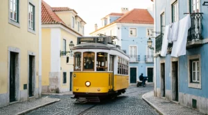 Lisbon tram in Alfama during a quiet March morning
