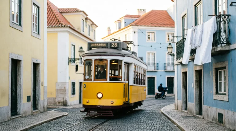 Lisbon tram in Alfama during a quiet March morning