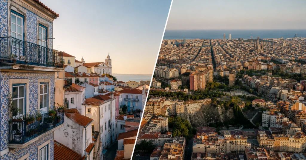 Lisbon Alfama neighbourhood and Barcelona cityscape side by side for Portugal vs Spain comparison