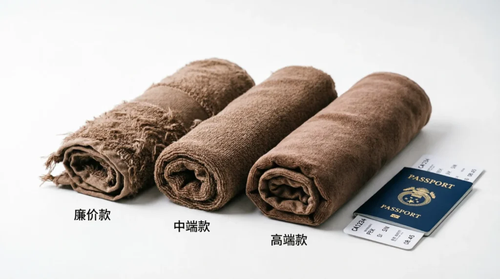 three quick dry travel towels rolled up side by side with passport and boarding pass