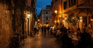 Evening street scene in Trastevere during a Rome city break
