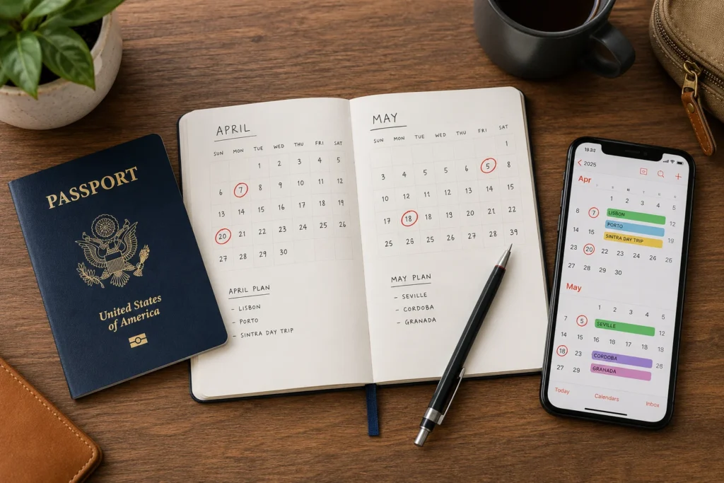 A blue United States passport placed next to a paper calendar planner and smartphone tracking rolling dates for European travel logistics.