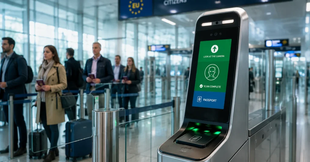Automated biometric border control electronic entry gate terminal at a European airport with international travelers waiting in line