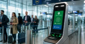 Automated biometric border control electronic entry gate terminal at a European airport with international travelers waiting in line