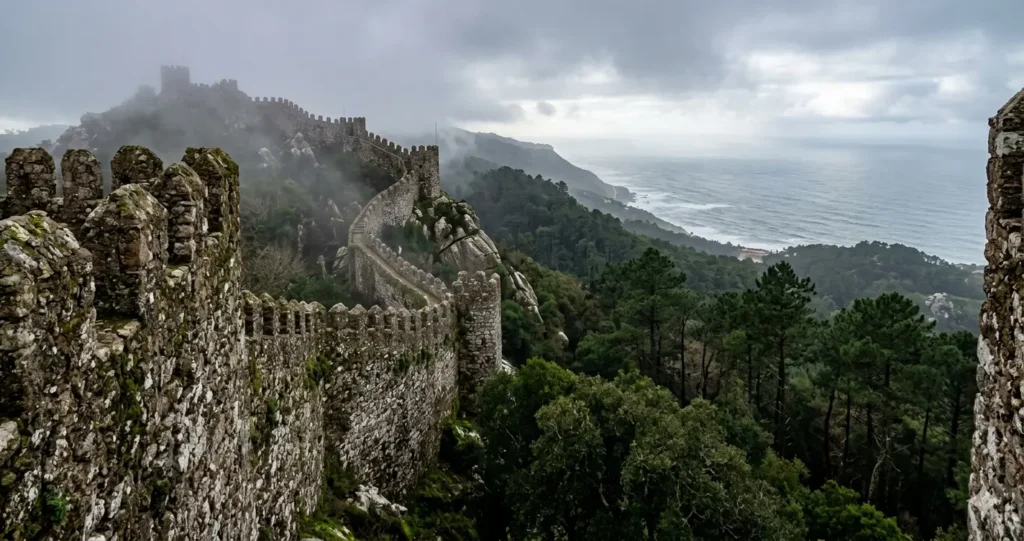 Stone walls of the Moorish Castle in Sintra under a moody morning fog.