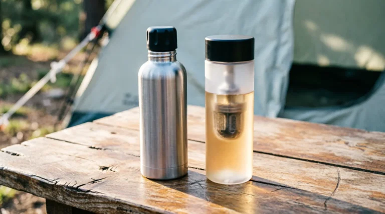 filter bottle side-by-side on a rustic wooden table