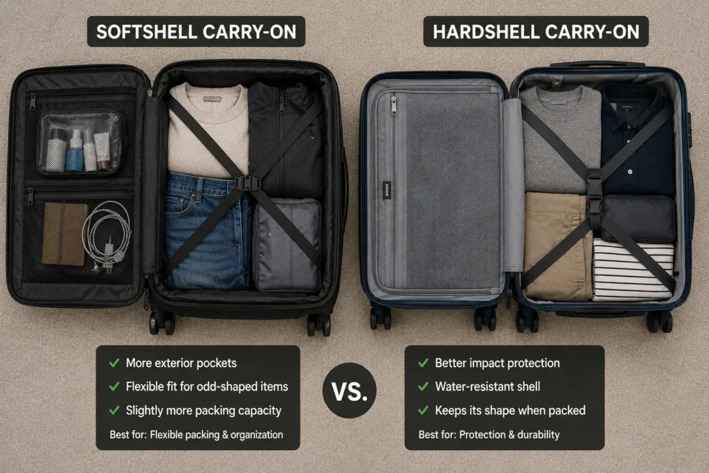 Softshell and hardshell carry-on luggage packed for international travel