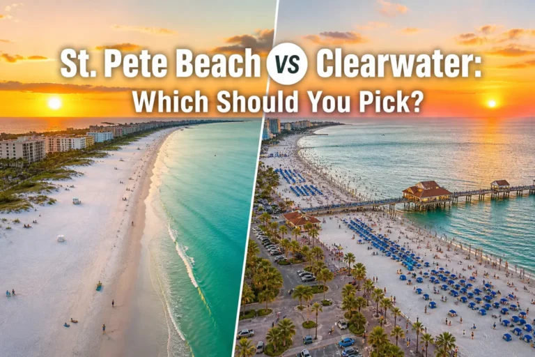 Aerial comparison of St. Pete Beach and Clearwater Beach showing differences in crowd density and beach width