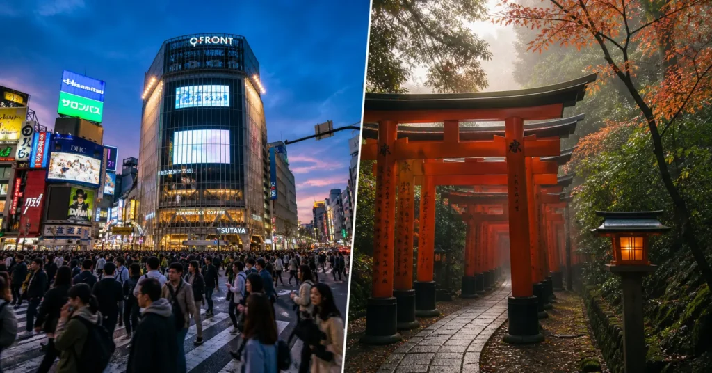 Split view: Tokyo's Shibuya Crossing at night versus Kyoto's Fushimi Inari torii gates at dawn