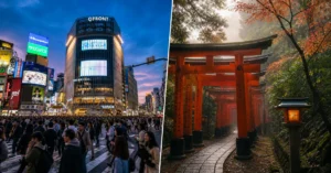 Split view: Tokyo's Shibuya Crossing at night versus Kyoto's Fushimi Inari torii gates at dawn