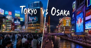 Tokyo and Osaka street scenes at night showing the contrast between the two Japanese cities