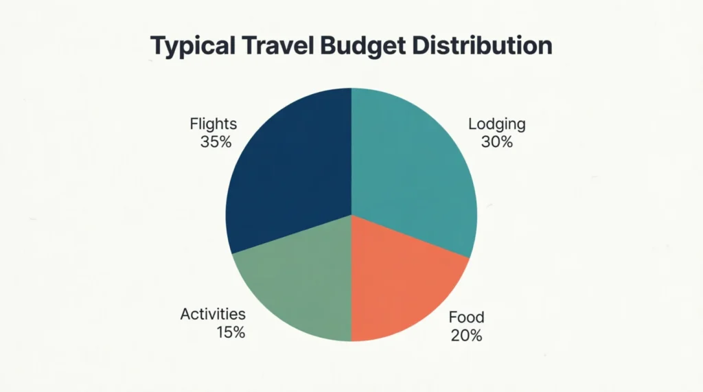 Infographic showing the average budget breakdown for an international trip.