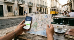 A detailed travel budget guide showing financial planning tools and currency.