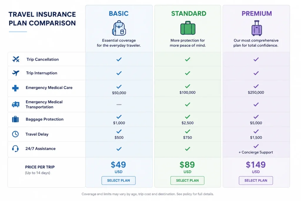 Three tiers of Europe travel insurance coverage: basic medical, comprehensive, and premium with pricing