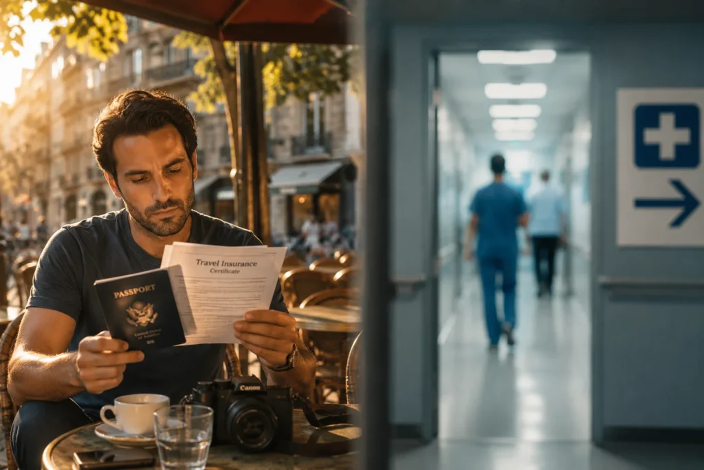 Traveler reviewing insurance documents at European café, prepared for medical emergencies abroad