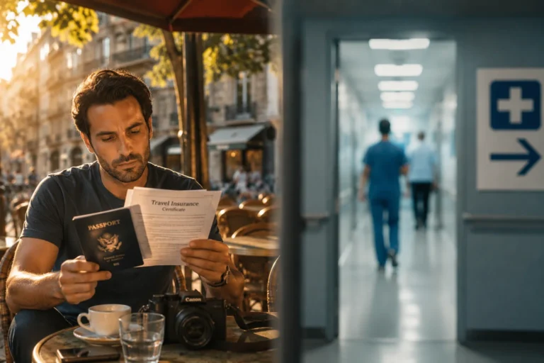Traveler reviewing insurance documents at European café, prepared for medical emergencies abroad